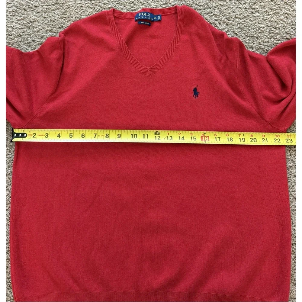Polo Ralph Lauren Sweater Men Red Pima Cotton V Neck Pullover Lightweight Sz XL